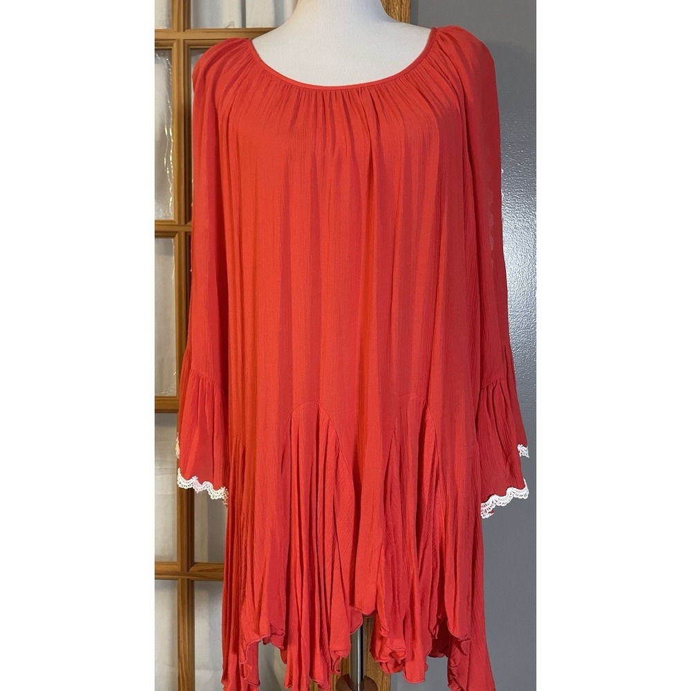 Cold Shoulder Gored Tunic Blouse Mini Dress 2XL Coral Embroidery Trim Beach City
